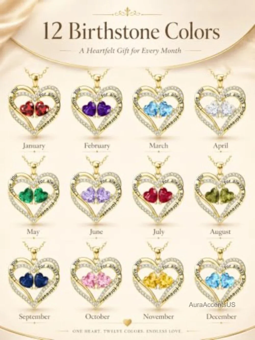 14K Gold Double Intertwined Heart Pendant Birthstone Necklace